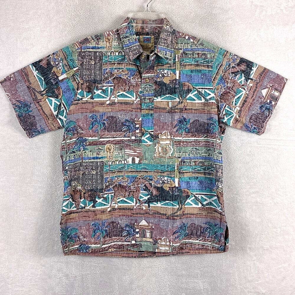 VTG Kahala Hawaiian Shirt Mens L Horse Race Derby AOP Avi Kiriaty Aloha 90s USA